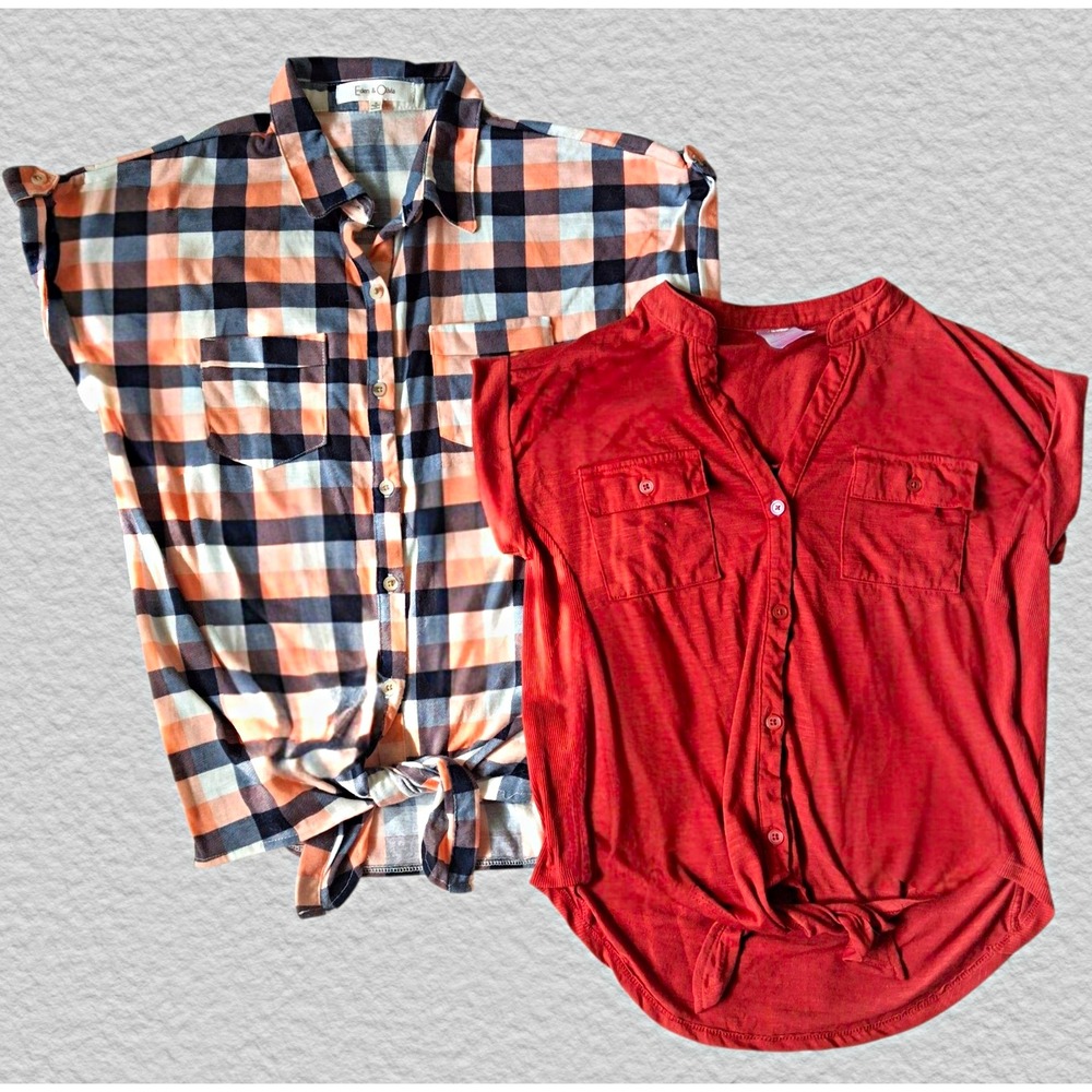 Bundle 2 Short Sleeve Tie Hem Blouse Tops Plaid Flannel & Rust NWOT Small